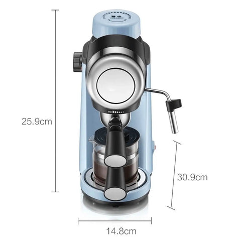 Front view of Compact Semi Automatic Coffee Machine With 15 Bar Steam, Portable Espresso Maker For Home Use, Milk Frother, Sky Blue Finish