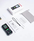 Dope Green Beam Laser Measure Hella Accurate 165 Foot Portable Distance Meter With Bright Backlit Display accessories and manual on white background.