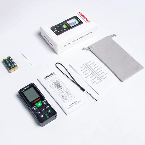 Dope Green Beam Laser Measure Hella Accurate 165 Foot Portable Distance Meter With Bright Backlit Display accessories and manual on white background.