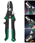 Kick Butt With This Badass 8 Inch Electrical Wire Tool Crimping And Stripping Made Tough High Grade Steel Compact Design, front view of crimping tool.