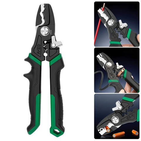 Kick Butt With This Badass 8 Inch Electrical Wire Tool Crimping And Stripping Made Tough High Grade Steel Compact Design, front view of crimping tool.