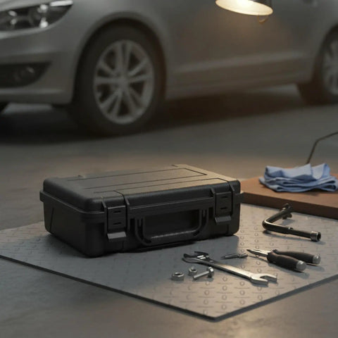 Grab And Go Portable Plastic Tool Box With Locking Latches for secure travel next to car with tools, screws, and blue cloth on mat