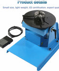 Rotary Welding Positioner Turntable With 65 Mm Chuck And Foot Pedal Control Runs Smooth For Heavy Metalwork Loads, blue base and rotary table.
