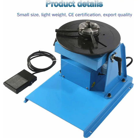 Rotary Welding Positioner Turntable With 65 Mm Chuck And Foot Pedal Control Runs Smooth For Heavy Metalwork Loads, blue base and rotary table.