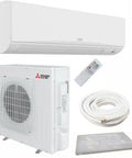 The Kickin 9,000 BTU 0.7 Ton Ductless Mini Split AC Heat Pump with remote, outdoor unit, and installation accessories.