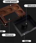 Rock Solid Premium Heavy Duty Solid Wood Espresso Knock Box With Huge Capacity And Multi Slot Layout showing solid wood and silicone features.