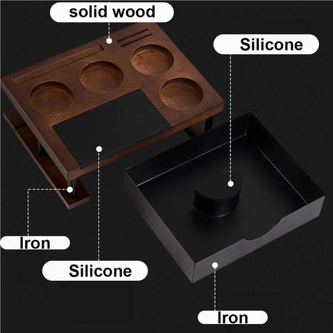 Rock Solid Premium Heavy Duty Solid Wood Espresso Knock Box With Huge Capacity And Multi Slot Layout showing solid wood and silicone features.