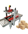 Heavy Duty Automatic Case Sealer Double Flap Box Taping Machine with roller conveyor and stacked cardboard boxes.