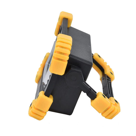 YWBL-WH Mini COB Emergency Flood Light, 6-Angle Adjustable Stand with a sturdy yellow rubberized grip and pivoting stand for versatility.