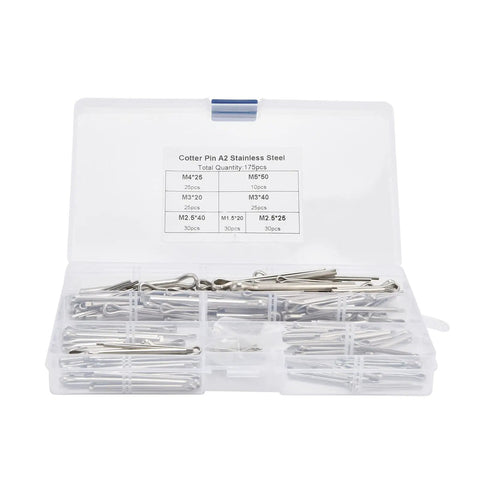 Durable 304 Stainless Steel Cotter Pin Clips Set Kit, 6 Size Assortment in clear plastic storage box