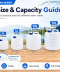 Four collapsible water containers with spigots for camping, in sizes 3L to 15L, shown on a wooden surface.