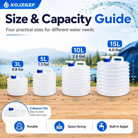 Four collapsible water containers with spigots for camping, in sizes 3L to 15L, shown on a wooden surface.