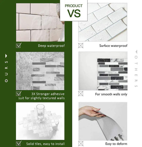 Comparison of thicker design peel and stick tile backsplash for kitchen and bathroom vs others, showcases durability and adhesive strength.