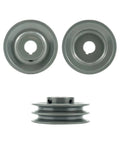 Double Groove V Belt Pulley, 4.45 Inch Outside Diameter, 1 Inch Fixed Bore, 2 Groove Sheave For A, 3L And 4L V Belts, Cast Iron Construction For Durability And Long Life. Top and side view of the pulley showing grooves and bore.