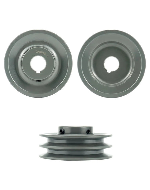 Double Groove V Belt Pulley, 4.45 Inch Outside Diameter, 1 Inch Fixed Bore, 2 Groove Sheave For A, 3L And 4L V Belts, Cast Iron Construction For Durability And Long Life. Top and side view of the pulley showing grooves and bore.