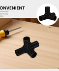 4-Way Plastic Shoe Rack Connectors, 16mm Inner Diameter, Black Replacement Pipe Joint on wooden surface with screwdriver