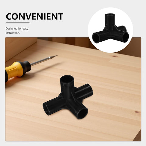 4-Way Plastic Shoe Rack Connectors, 16mm Inner Diameter, Black Replacement Pipe Joint on wooden surface with screwdriver