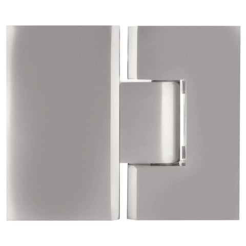 Badass Tough Solid Brass Glass To Glass Hinge In Sleek Satin Chrome, showing smooth self centering motion for frameless shower doors.