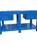 Industrial Heavy Duty Fitters Workbench With An Eight Mil Thick Solid A3 Steel Tabletop Built Like A Tank For Stubborn Mold Assembly And Serious Shop Grind, blue metal design with drawers.