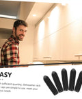 200 Pack Black Plastic Dishwasher Rack Prong Tip Covers Heavy Duty Replacement Caps shown with user in kitchen.