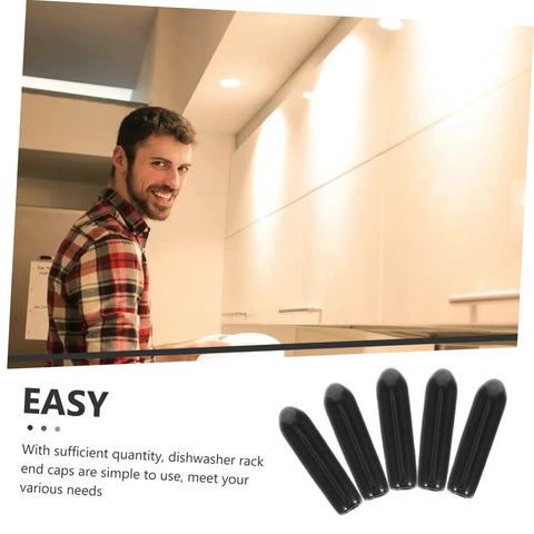 200 Pack Black Plastic Dishwasher Rack Prong Tip Covers Heavy Duty Replacement Caps shown with user in kitchen.