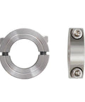 Heavy Duty 304 Stainless Steel Split Shaft Collar With H7 Bore 7/8 Inch Outer Diameter 1-5/8 Inch Thickness 1/2 Inch Linear Rail Stop Collar For Precise Shaft Positioning In Industrial Machines, front and side view