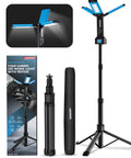 Cordless Rechargeable LED Work Light Kit With Detachable Tripod 8Ah Battery, showing light on tripod setup with packaging.