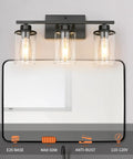 Slick Black 3 Light Vanity Light Fixtures Over Mirror With Clear Glass Shades, modern industrial farmhouse wall lamp