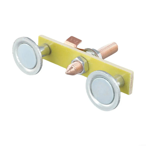 Solid Double Head Magnetic Welding Clamps With Heavy Duty Adsorption And Grounding That Grip Tight For Professional Jobs, No More Slippage When You Need Them Most To Clamp Up To 3 Kg Securely Every Single Time, displaying gray circular magnets on a yellow base.