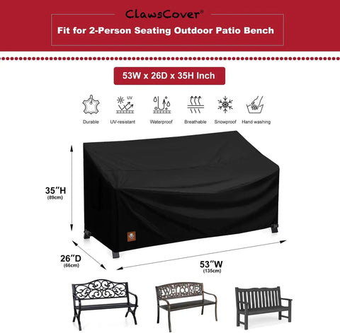 Image of ClawsCover All Weather 2 Seater Outdoor Bench Cover Waterproof 53W By 26D By 35H Inches, fitted on patio benches.