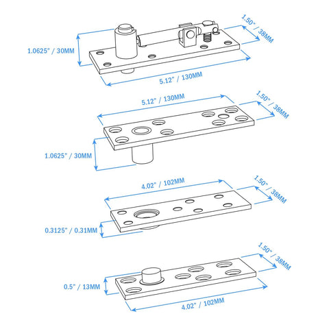 Technical diagram of Heavy Duty Stainless Steel 360 Degree Door Pivot Hinge System Matte Black With 6902Z Ball Bearing dimensions.