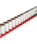 Three Eighth Inch Drive Semi Deep 12 Point Socket Set With Rail Nineteen Piece Metric Range Six To Twenty Four Millimeters on red rail
