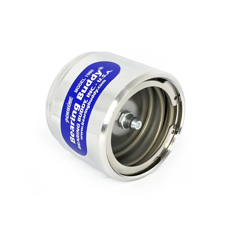 Chrome Beefed Up Trailer Bearing Dust Cap Protectors 1.980 Inch Diameter, close-up view of single cap with blue label