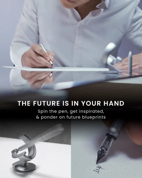 Person writing with Hoverpen Future Luxury Fountain And Rollerball Pen Gift Set with Schmidt nib, deep black finish