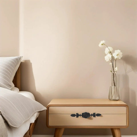 Wooden nightstand with black aluminum Four Pack Vintage Style Cabinet Pull Handles Set accent in bedroom