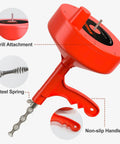 Close-up of 25ft Heavy Duty Drain Auger Plumbing Snake With Drill Adapter For Sink, showing drill attachment and steel spring.