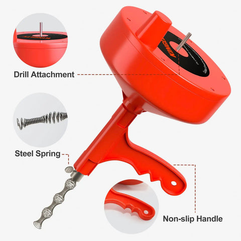 Close-up of 25ft Heavy Duty Drain Auger Plumbing Snake With Drill Adapter For Sink, showing drill attachment and steel spring.