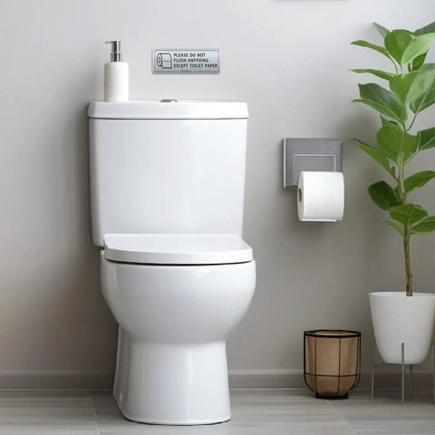 Bathroom with Two Pack Do Not Flush Anything Except Toilet Paper Sign For Bathrooms And Restrooms Self Adhesive Door Labels visible on tank