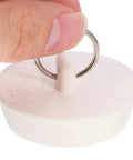 Rubber Bath Tub Drain Stoppers 4pcs with Pull Ring for Basins, close-up of white rubber stopper with metal pull ring.