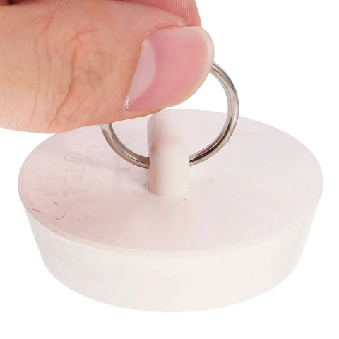 Rubber Bath Tub Drain Stoppers 4pcs with Pull Ring for Basins, close-up of white rubber stopper with metal pull ring.