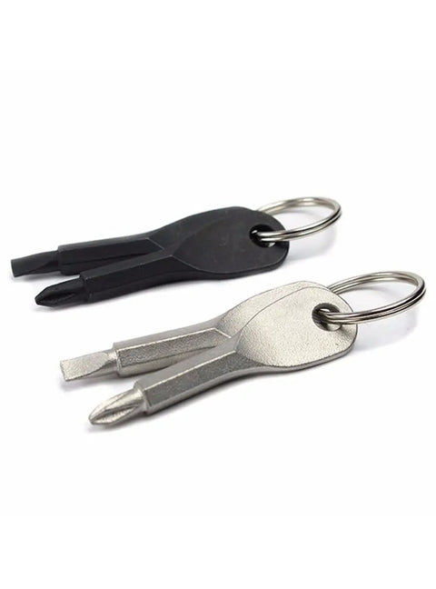 Two Pack Mini Key Shape Screwdriver Set With Flathead And Phillips Bits, Stainless Steel Key Chain Tools, on white background