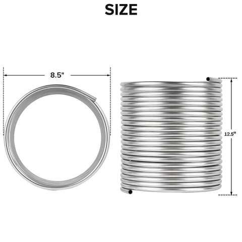 Front and side views of a 1/2 in x 50 ft 304 stainless steel tubing coil for DIY brewing and cooling