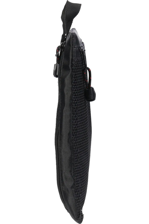 Side view of black mesh storage bag for Quick Dry Microfiber Towel For Gym, Travel And Camping, XL 35 By 62 Inches, with loop