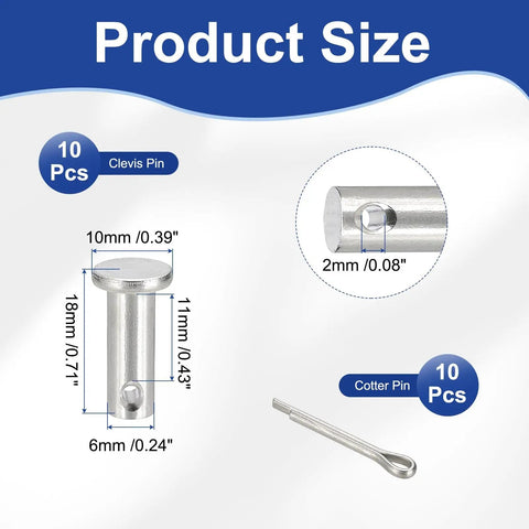 10 Pack M6x16mm Clevis Pins 304 Stainless Steel Single Hole Flat Head Hitch Fasteners With Cotter Pins For Furniture Installation Trailers Lawn Mowers Durable Heavy Duty Hardware Kit, size diagram