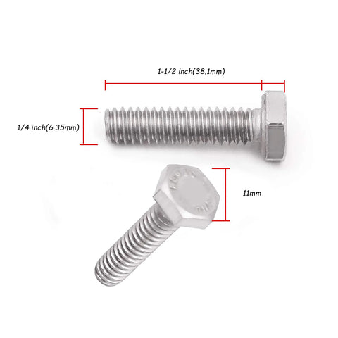 Two 1/4-20 x 1-1/2 in stainless steel hex bolts, 304/18-8, fully threaded