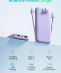 Dope 10000mAh Portable Charger With Built In Cables And Wall Plug PD20W Fast Charging Power Bank showing USB-A and Type-C ports.