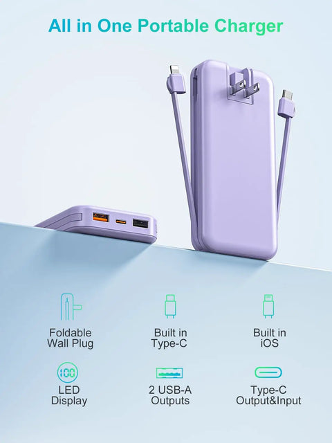Dope 10000mAh Portable Charger With Built In Cables And Wall Plug PD20W Fast Charging Power Bank showing USB-A and Type-C ports.