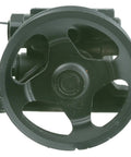 Heavy Duty Remanufactured Power Steering Pump With Triple Tested Valves For Dead On Factory Fit And Straight Up Smooth Steering On Domestic And Import Rides, front view showing the circular housing and openings.