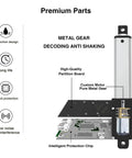 75mm 40N Mini 12V Linear Actuator With Brackets, highlighting metal gear, custom motor, and protection features for robotics