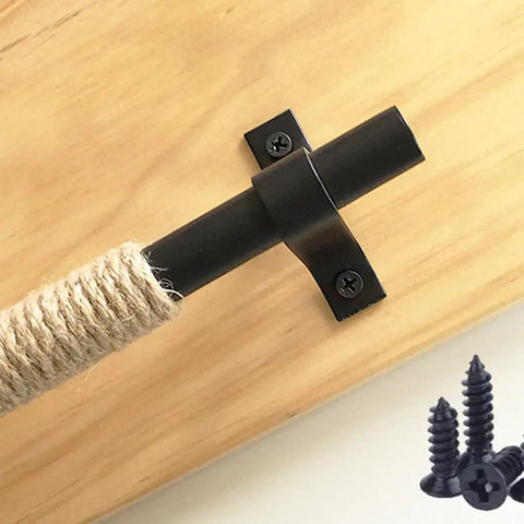 Wrought Iron Sliding Barn Door Handle Kit With Hemp Rope Accents For Cabinets And Doors, bracket detail on wood